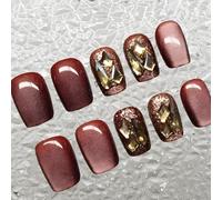30 PCS Shimmer Copper Red Press On Nails - Golden Rhinestone Accents Metallic Glam Style - Elegant Glossy Finish Square Short for Women Almond Art Party Evening Glam Manicure