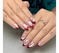 30 Pcs Short Almond False Nails Cats Eye Press On Nails French Tip Acrylic Glossy Full Covers Stick On