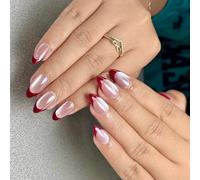 30 Pcs Short Almond False Nails Cats Eye Press On Nails French Tip Acrylic Glossy Full Covers Stick On
