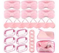 30 Pcs Sleepover Party Supplies for Girls Include 6 Pink Bow Headband 6 Plush Sleep Eye Mask 6 Velvet Scrunchies 6 Makeup Remover Cloth and 6 PVC Cosmetic Bags for Women Spa Slumber Pamper Party Kit