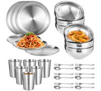30 Pcs Stainless Steel Dinner Set, Includes 6 Plates, 6 Bowls, 6 Cups, 6 Forks, and 6 Spoons, Reusable Metal Dinnerware Set, Kitchen Tableware Set for Home, Outdoor, and Parties
