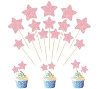 30 Pcs Star Cupcake Toppers, Mixed Size Glitter Starlet Cake Decorations for Various Birthday Party Cake Decoration Supplies - Pink