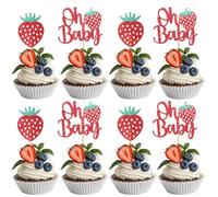 30 Pcs Strawberry Cupcake Toppers, Strawberry Shortcake Cupcake Toppers, Glitter Strawberries Happy Birthday Topper, Happy Birthday Topper for Cake Suitable for Strawberries Theme Party, Birthdays Par