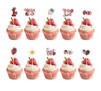 30 PCS Strawberry Sweet One Cupcake Toppers Glitter Berry First Birthday Decor Sweet One Strawberry Cupcake Birthday Decorations for Baby Shower 1st Birthday Party Cake Decorations Supplies
