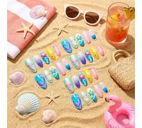 30 Pcs Summer Press On Nails Mermaid & Dopamine Press on Nails Glossy Almond Gel False Nails with 3D Embossed Designs Glossy Acrylic Fake Nails for Vacation Manicure Decoration (A-3D Mermaid)