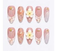 30-Piece 3D Starfish Nail Tips French Pearl Lily Design Light Yellow Gradient - Soft Gel Press On Nails Almond & Stiletto Shapes Full-Coverage Summer Manicure Reusable with Jelly Gel Tabs