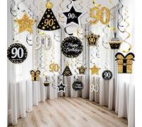 30-Piece 90th Birthday Party Decoration Set - Cards & Hanging Swirls Ceiling Decorations