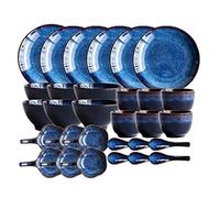 30 Piece Blue Plates and Bowls Sets, Ceramic Dinnerware Set, Restaurant/Kiln Change Glaze Porcelain Dinner Set, Microwave Safe