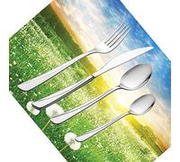 30 Piece Cutlery Set, Spring Tableware Stainless Steel Silverware Dinnerware Set for Serves 6 People Including Knife, Forks, Spoons, Tea Spoons & Placemat, Dandelion Flower Field Meadow Rural Grass Vi