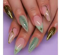 30-Piece Long Stiletto Press-On Nails, Mint Green, Nude Pink And Gold | Glossy Mixed Designs, Marbled Patterns, Metallic Detailing And Star Motifs, For Home Manicures And Occasions