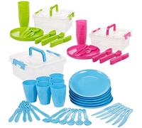 30 Piece Plastic Picnic Camping Party Dinner Plate Mug Cutlery Set Storage Box