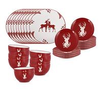 30 Piece Stoneware Dinner Set - Christmas Dinner Plate, Side Plate & Bowl | 10 Place Settings, Dishwasher Safe, Microwave Safe, Red, Glazed, Reindeer, Stag, Deer, Christmas Crockery