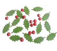 30 Pieces Beautiful Edible Sugar Holly leaves & Berries; Dusted with Luster 3cm; Handmade Christmas Cake/Cupcake Toppers/Decorations
