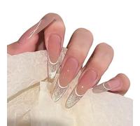 30 Pieces Long Almond Press On Nails Acrylic With Elegant French Tip Designs Glossy Stick On For Party Dates Stylish Party Nail