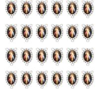 30 Pieces Religious Rosary Connector Charms, 3-Hole Oval Crystal Rhinestone Border, 0.87 x 0.61 inch, Various Styles (Saint Michael / Sacred Heart / Virgin Mary / Guadalupe / etc.) (Silver Divine