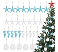30 Pieces Resin Christmas Ornaments Tree Decorations Pencil Finger Starfish Seahorse Seashells Ocean Themed Hanging with Drilled Hole Rope for Wedding Party Decor DIY(Blue, White)
