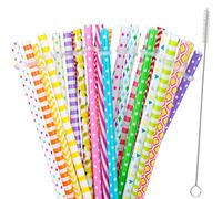 30 Pieces Reusable Plastic Straws BPA-Free 9" Colorful Printing Hard Platic Stripe Drinking Straw for Mason Jar Tumbler Family or Party Use Cleaning Brush Included(Random Pattern)