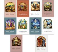 30 Religious Christmas Cards with 10 different Stained Glass Window Artistic designs and 30 Kraft Brown Envelopes made from Recycled Paper