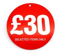 £30 Round Hanger Sale Tags 100mm Red “Selected Items Only” Retail Clothing Hanger Tickets Only, Durable Card Promotional Tags for Coat Hangers & Display Hooks, No String, Pack of 1000
