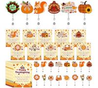 30 Set/90 Pcs Thanksgiving Glow in The Dark Badge Reels with Thank You Card | Fall Retractable Acrylic Badge Reel Pumpkin Maple Leaf Turkey Nurse ID Holder with Alligator Clip for Nurse Teacher Gifts