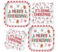 30 Set Classic Merry Friendsmas Party Supply, 9" Square Plate and Napkin | Classic Xmas Color, Merry Friendsmas, It's Giving Christmas, Gingerbread Man, Snowflake, Holly with Red Berries, Candy Cane