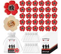 30 Set Red Poppy Lapel Pin Memorial Cards and Organza Bags Poppy Flower Bouquet Shape Brooch Pin Apparel Badges for Veterans Day Memorial Day Remembrance Day Women Men Girl (Poppy Flower)