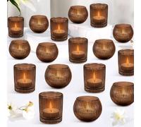 30 Set Votive Candle Holders for Wedding, Glass Tea light Holders Decorations Bulk, Round & Pillar Candle Holder for Church Table Centerpiece Birthday Party Home Decor Gift (Amber)