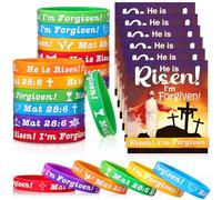 30 Sets/ 60 Pcs Easter He Is Risen Silicone Wristband with Bible Verse Card Easter Egg Basket Stuffers Filler Christian Religious Cross Rubber Bracelet Card for Church Sunday School Gift Supplies