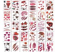 30 Sheets 3D Halloween Temporary Makeup Tattoos Fake Scars Bloody Scar Waterproof Fake Blood Sticker Realistic Bloody Wound Horror Body Face Decals Prank Props for Cosplay Party Supplies Props