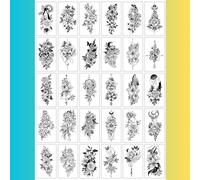 30 Sheets Black Floral Temporary Tattoos for Women - 5.7x9.7cm Each, Waterproof Stick-On Flower Tattoo Stickers - Easy Apply Water Transfer Body Art for Arm, Shoulder, Collarbone, Back
