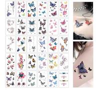 30 Sheets Colorful Butterfly Temporary Tattoos for Women, Waterproof Fake Body Art Stickers, Floral Arm & Ankle Tattoo Set, Party Festival Accessories