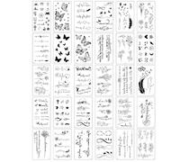 30 Sheets Fine Line Temporary Tattoos - Black Waterproof Fake Tattoos, Realistic Removable Body Art, Words, Patterns, Flowers, Botanical Leaves for Parties, Festivals & Daily Style