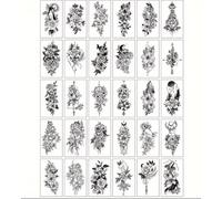 30 Sheets Fine Line Temporary Tattoos - Realistic Removable Body Art, Words, Patterns, Flowers, Botanical Leaves - 100s of Festival Tattoos