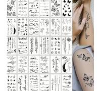 30 Sheets Fine Line Temporary Tattoos - Realistic Removable Body Art, Words, Patterns, Flowers, Botanical Leaves - 100s of Festival Tattoos