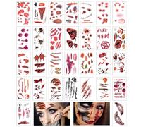30 Sheets Halloween Temporary Tattoos Scars Zombie Scars Horror Stickers Blade Flow Blood Pressure Scare Tooth Scratch Suture Wound Scar Party Face Waterproof Stiker for Cospaly Party (A2182024-30PCS)
