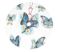 30" Thicken Christmas Tree Skirt, Blue Butterfly On Blossom Flower Print Xmas Tree Mat for Holiday Party Ornaments Indoor Outdoor Decorations