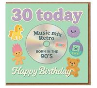 30 Today Retro 90s Nostalgia Birthday Card - CD Music Mix, 'Born in the 90's' with Tamagotchi, Troll Doll, Pony and Teddy - Happy Birthday 30th Milestone