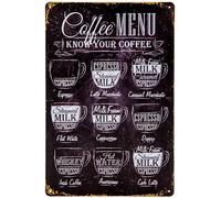 30 x 20 cm - Retro Kitchen Tin Sign - Coffee, Espresso, Capucchino, Caffe Latte, Kitchen Decorative Sign, Overview, Poster, Explanation, Recipe (Menu - I Know Your Coffee)