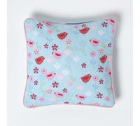 HOMESCAPES - 100% Cotton - Birds and Flowers - Cushion Cover - 30 x 30 cm Square - 12 x 12 Inches - Blue Pink Red - 100% Cotton Sofa Pillow Cushion Cover - Washable