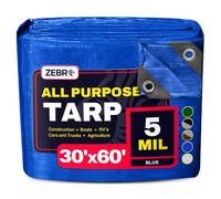 30' x 60' Blue Tarp with Grommets Reinforced - 5 Mil Thick - Durable UV Resistant Plastic Tarps Waterproof - Large Tarpaulin Cover for Outdoor Camping Over/Under Tent Tarp RV Roof Rain - Zebro