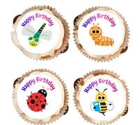 30 x Edible Cupcake Toppers Happy Birthday Bugs/Insects *PRECUT* VANILLA FLAVOURED ICING SHEETS (15 x 50mm)