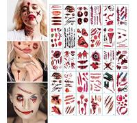 30 x Halloween Scary Tattoos Stickers with Fake Scab Blood, Zombie Scars Tattoo, Temporary Tattoos Face Stickers, Halloween Costume for Women Makeup Props
