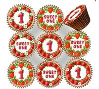 30 x PRE CUT SWEET ONE FIRST BIRTHDAY STRAWBERRY THEMED EDIBLE WAFER CARD RICE PAPER 4.5 cms CUPCAKE TOPPERS DECORATIONS