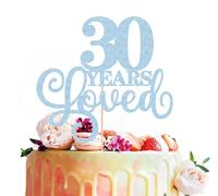 30 Years Loved Cake Topper - Light Blue Glitter 30th Birthday & Anniversary Cake Decoration for Women Men Party Supplies, Photo Booth Props