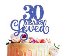 30 Years Loved Cake Topper - Royal Blue Glitter 30th Birthday & Anniversary Cake Decoration for Women Men Party Supplies, Photo Booth Props
