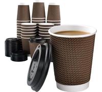 300 Pack 10oz Ripple Wall Paper Coffee Cups with Lids - Triple Wall Kraft Disposable Cups 300ml Brown Insulated Takeaway Cups for Hot Drinks, Tea, Coffee & Cappuccino, Bulk Catering Supplies