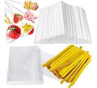 300 Pcs 6 Inch Lollipop Sticks Wrappers Kits,Cake Pop Stick with 100Pcs Gold Twist Ties,100pcs Sucker Treat bags for Chocolate Cookies Donut Packaging Wedding Party Cupcake Toppers Supplies 3.5mm