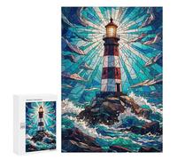 300 PCS Adult Puzzles Lighthouse Stained Glass Jigsaw for Teenagerss Enhance Memory Difficult And Challenge for Is Ideal As A Gift 300 PCS