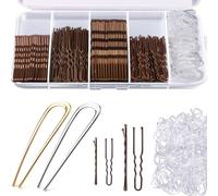 300 Pcs Bobby Pins Kit, Hair Grips, 100 Brown Waved Hair Pins, 100 Brown U Shaped H-air P-ins, 100 White Elastic Bands, with 2 French Hair Pins and Storage Box