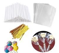 300 PCS Cake Making Accessories, Including 100 Pcs 6 inch Paper Lollipop Sticks, 100 Transparent Candy Bags, and 100 Pcs Gold Twist Tie for Packaging Supplies